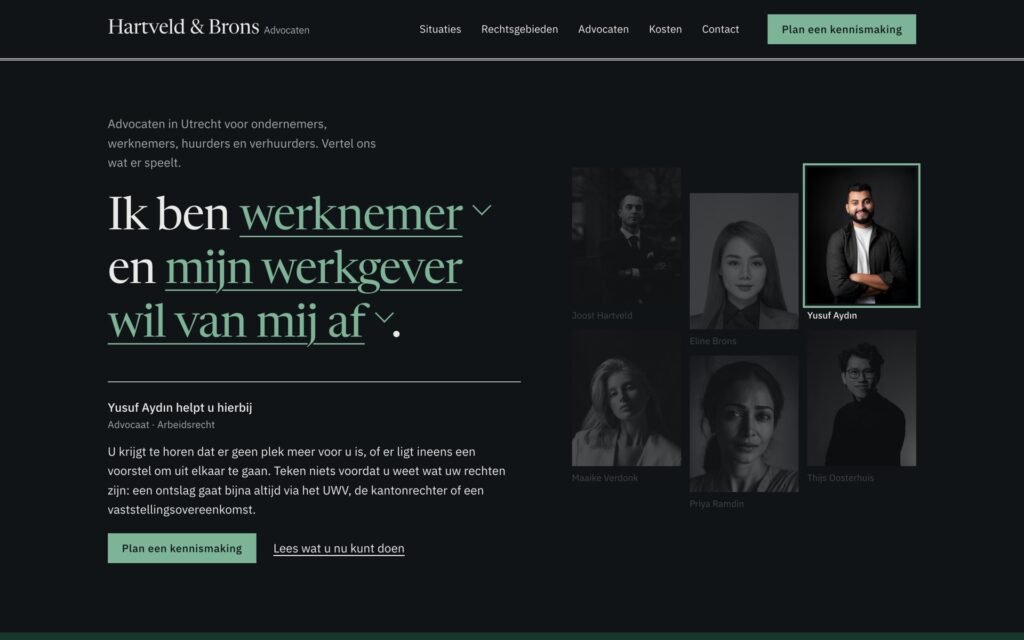 Homepage van Hartveld & Brons Advocaten: een zin die u zelf afmaakt, met de portretten van de zes advocaten