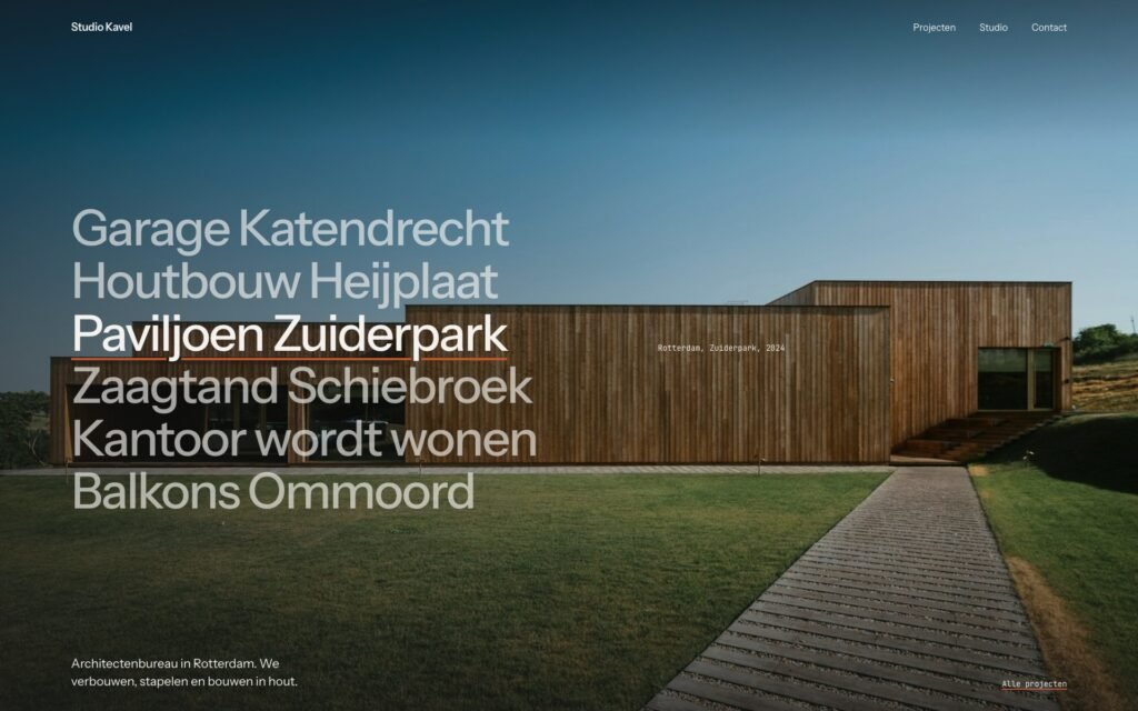Homepage van Studio Kavel: zes projectnamen over een grote foto, die wisselt als u een naam aanwijst.